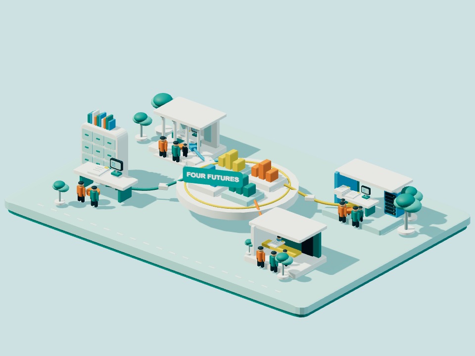 Four groups consider the same four possible futures from the perspectives of in-house legal, law firms, technology providers, and people seeking legal help.